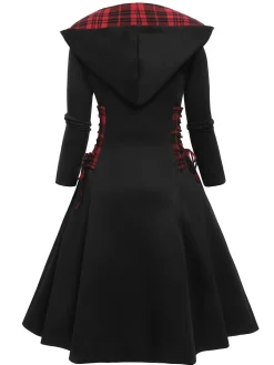Discount Retro Stage 1950s Plaid Hooded Swing Dress Black