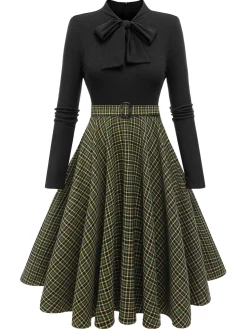 New Retro Stage Black 1950s Plaid Knitting Dress