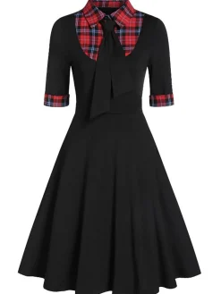 Outlet Retro Stage 1950s Plaid Patchwork Dress Black