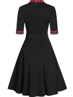 Outlet Retro Stage 1950s Plaid Patchwork Dress Black