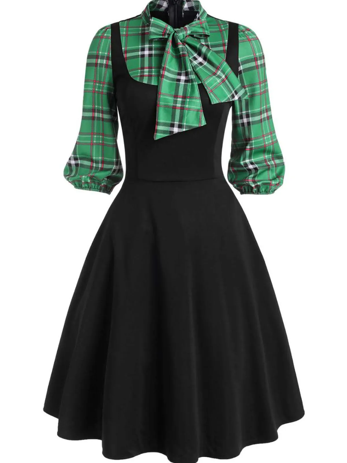 Outlet Retro Stage 1950s Plaid Patchwork Swing Dress Black