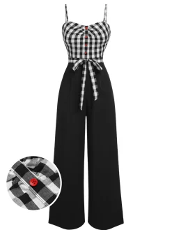 Fashion Retro Stage 1940s Plaid Patchwork Suspender Jumpsuit Black