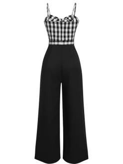 Fashion Retro Stage 1940s Plaid Patchwork Suspender Jumpsuit Black
