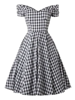 Fashion Retro Stage Black 1950s Plaid Swing Dress