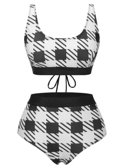 Online Retro Stage 1950s Plaid Wide Strap Swimsuit Black