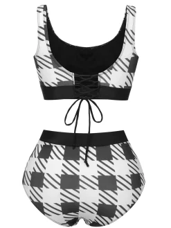 Online Retro Stage 1950s Plaid Wide Strap Swimsuit Black