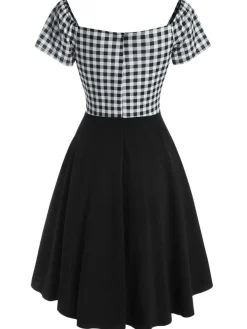 Sale Retro Stage 1950s Plaids Button Swing Dress Black