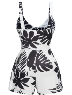 Clearance Retro Stage 1950s Plants Print Hollow Romper Black