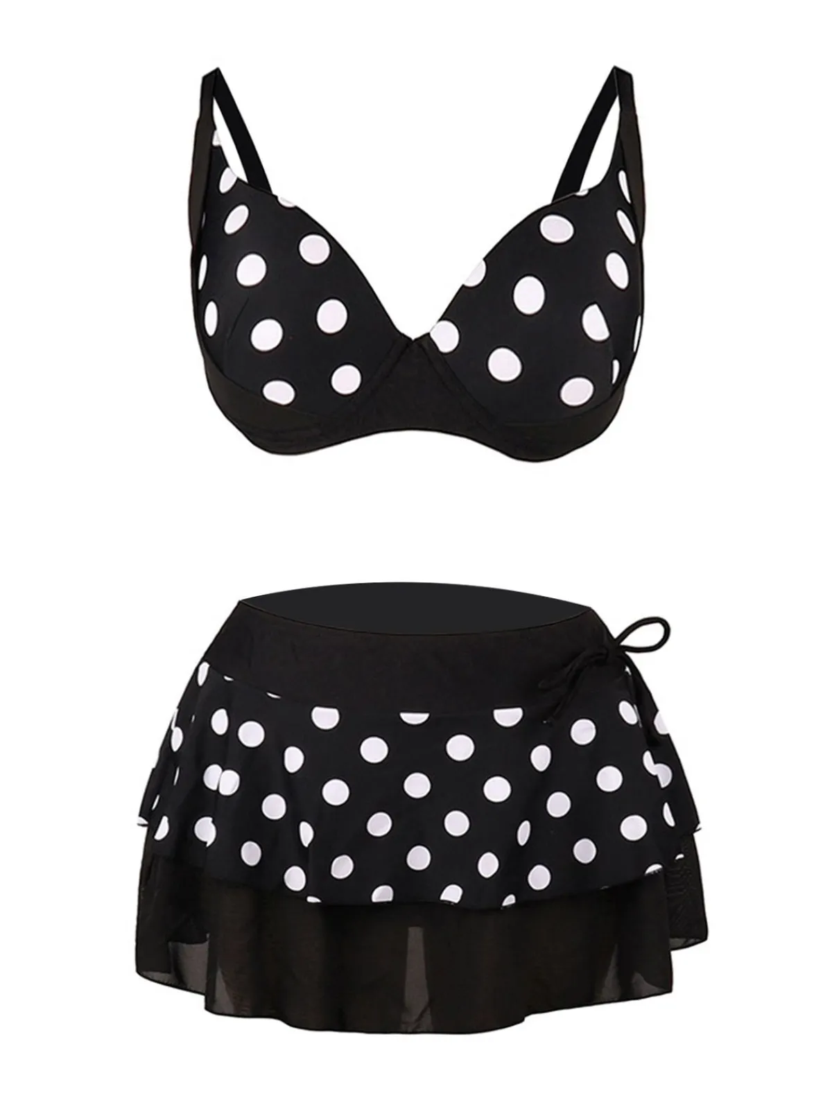 Clearance Retro Stage 1960s Polka Dot Bikini Set with Skirt Black