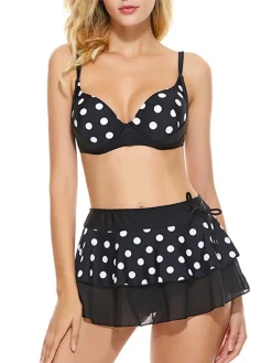Clearance Retro Stage 1960s Polka Dot Bikini Set with Skirt Black