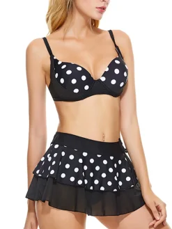 Clearance Retro Stage 1960s Polka Dot Bikini Set with Skirt Black