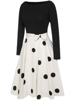 New Retro Stage 1950s Polka Dot Bow Patchwork Knitted Dress Black