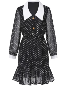Best Retro Stage 1940s Polka Dot Contrast Collar Dress Black