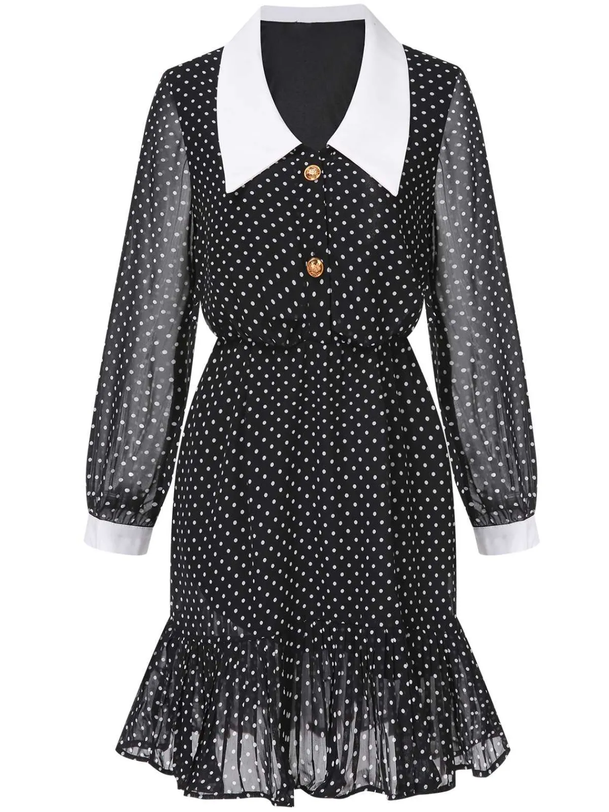 Best Retro Stage 1940s Polka Dot Contrast Collar Dress Black
