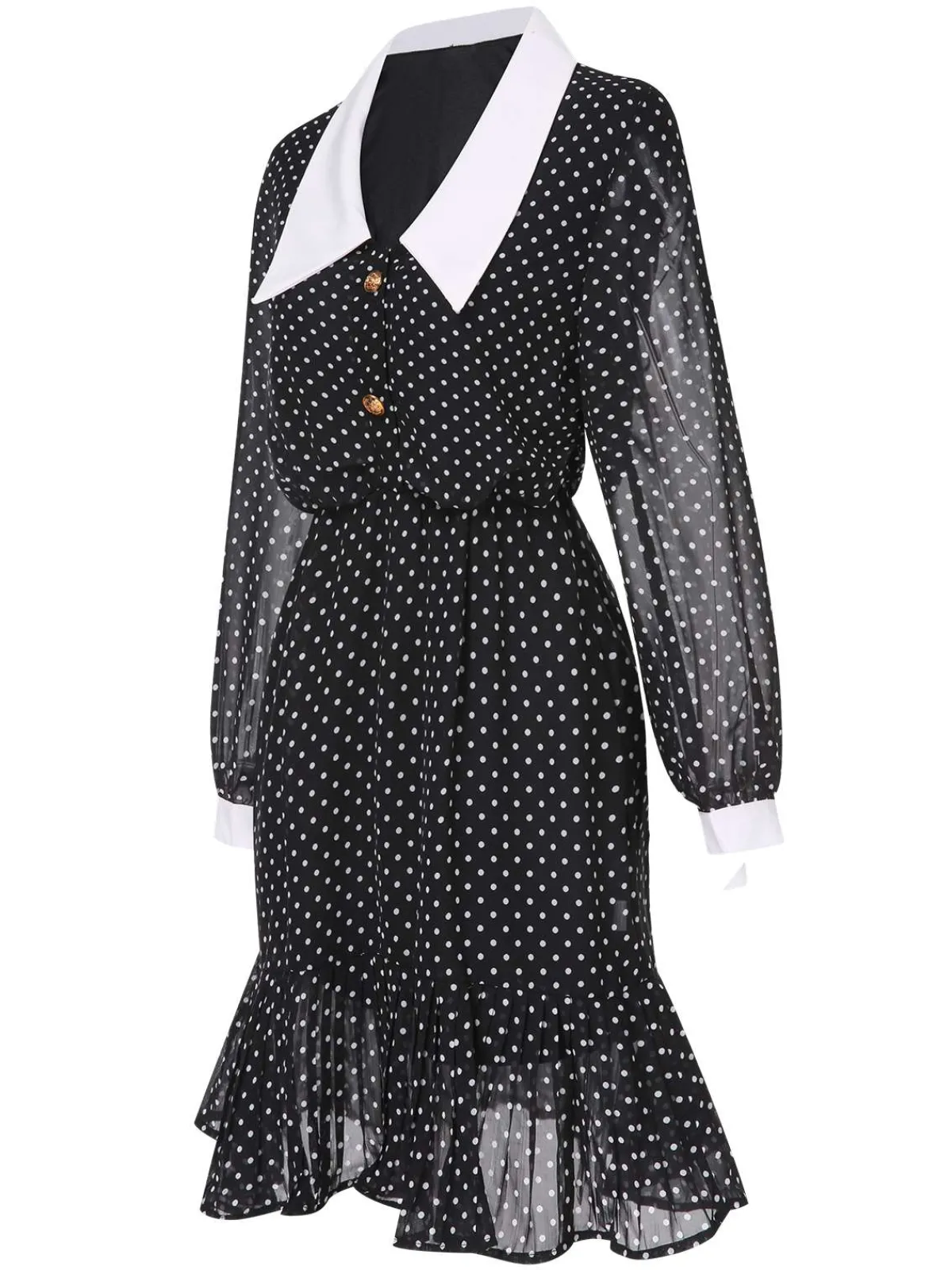 Best Retro Stage 1940s Polka Dot Contrast Collar Dress Black
