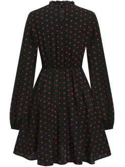 Clearance Retro Stage 1950s Polka Dot Long Sleeves Dress Black
