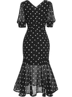 Fashion Retro Stage Black 1930s Polka Dot Mermaid Dress