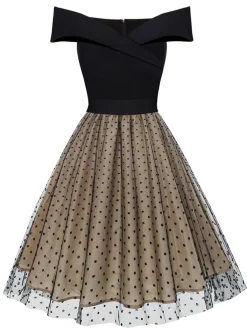 Hot Retro Stage 1950s Polka Dot Off-shoulder Patchwork Dress Black