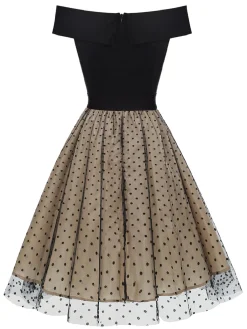 Hot Retro Stage 1950s Polka Dot Off-shoulder Patchwork Dress Black