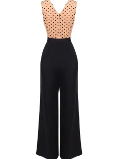 Hot Retro Stage 1930s Polka Dot Patchwork Belt Jumpsuit Black