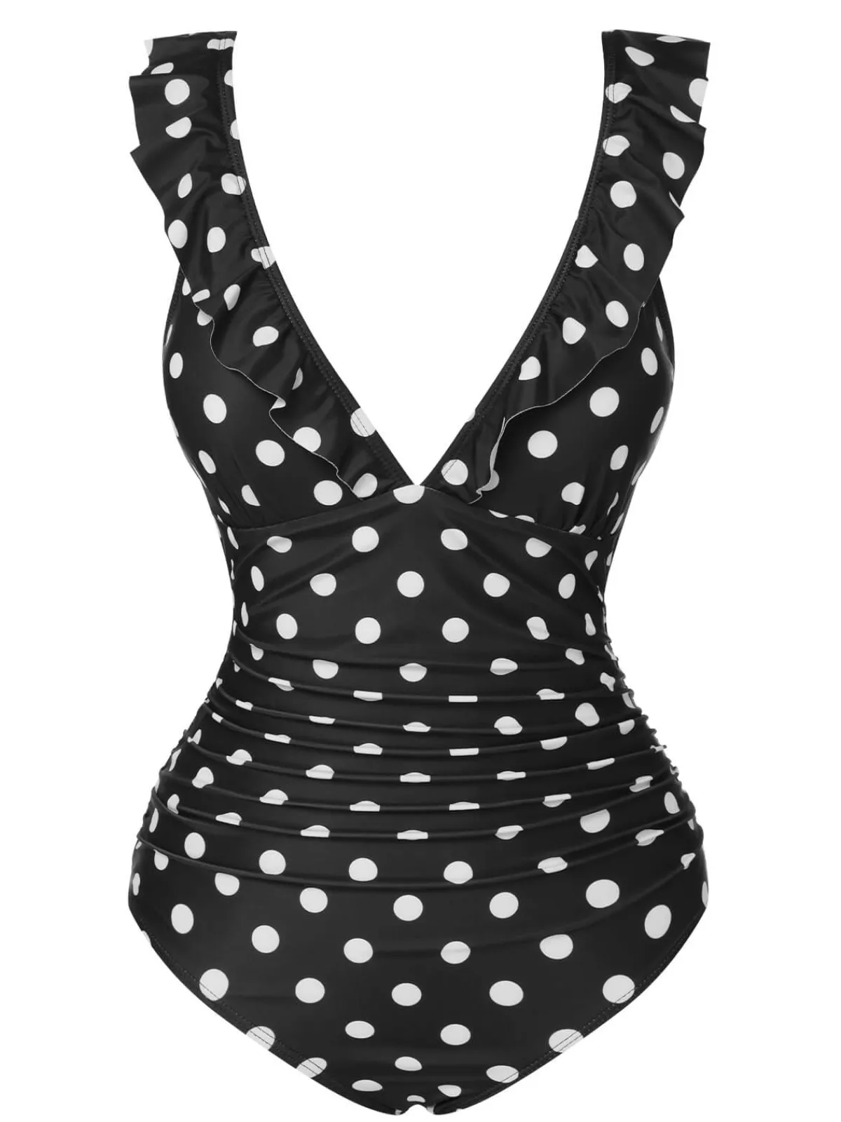 Sale Retro Stage 1950s Polka Dot Ruffle V-Neck Swimsuit Black