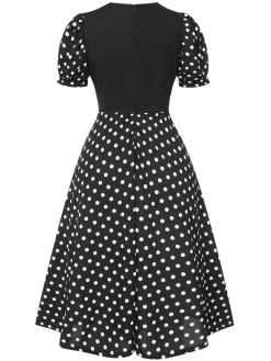 Sale Retro Stage 1940s Polka Dot Scoop Neck Patchwork Dress Black