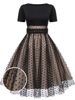 Sale Retro Stage Black 1950s Polka Dot Swing Vintage Dress