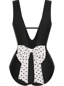 Discount Retro Stage 1950s Polka Dot V-Neck Bow Swimsuit Black