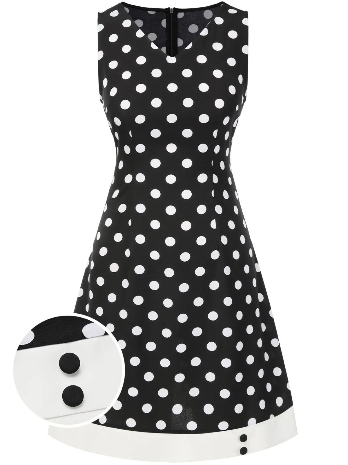 Sale Retro Stage 1960s Polka Dot V-Neck Dress Black