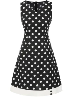 Sale Retro Stage 1960s Polka Dot V-Neck Dress Black