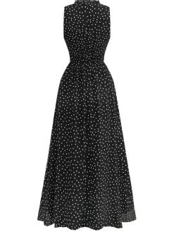 Sale Retro Stage 1930s Polka Dots Chiffon Sleeveless Dress Black