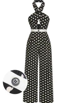 Outlet Retro Stage 1940s Polka Dots Cross Halter Jumpsuit Black