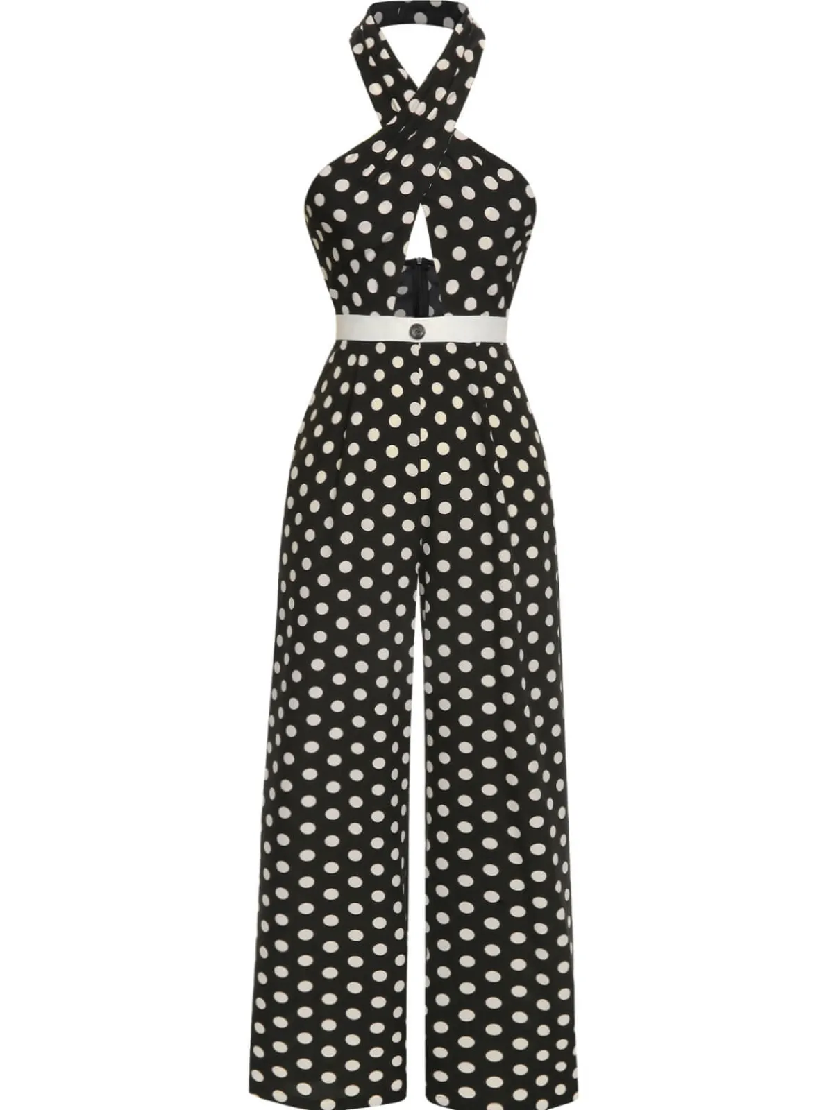 Outlet Retro Stage 1940s Polka Dots Cross Halter Jumpsuit Black