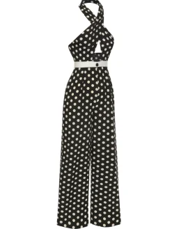 Outlet Retro Stage 1940s Polka Dots Cross Halter Jumpsuit Black
