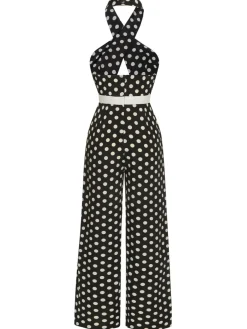 Outlet Retro Stage 1940s Polka Dots Cross Halter Jumpsuit Black