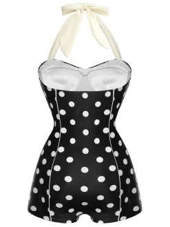 Best Retro Stage 1950s Polka Dots Halter Swimsuit Black