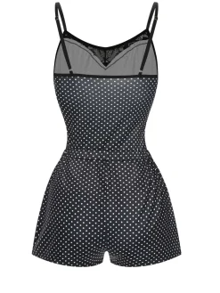 Online Retro Stage 1970s Polka Dots Lace Patchwork Pajamas Black