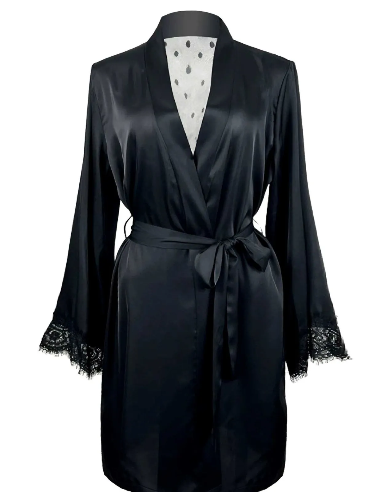 Clearance Retro Stage 1930s Polka Dots Lace Satin Robes Black