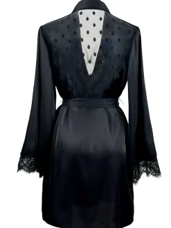 Clearance Retro Stage 1930s Polka Dots Lace Satin Robes Black