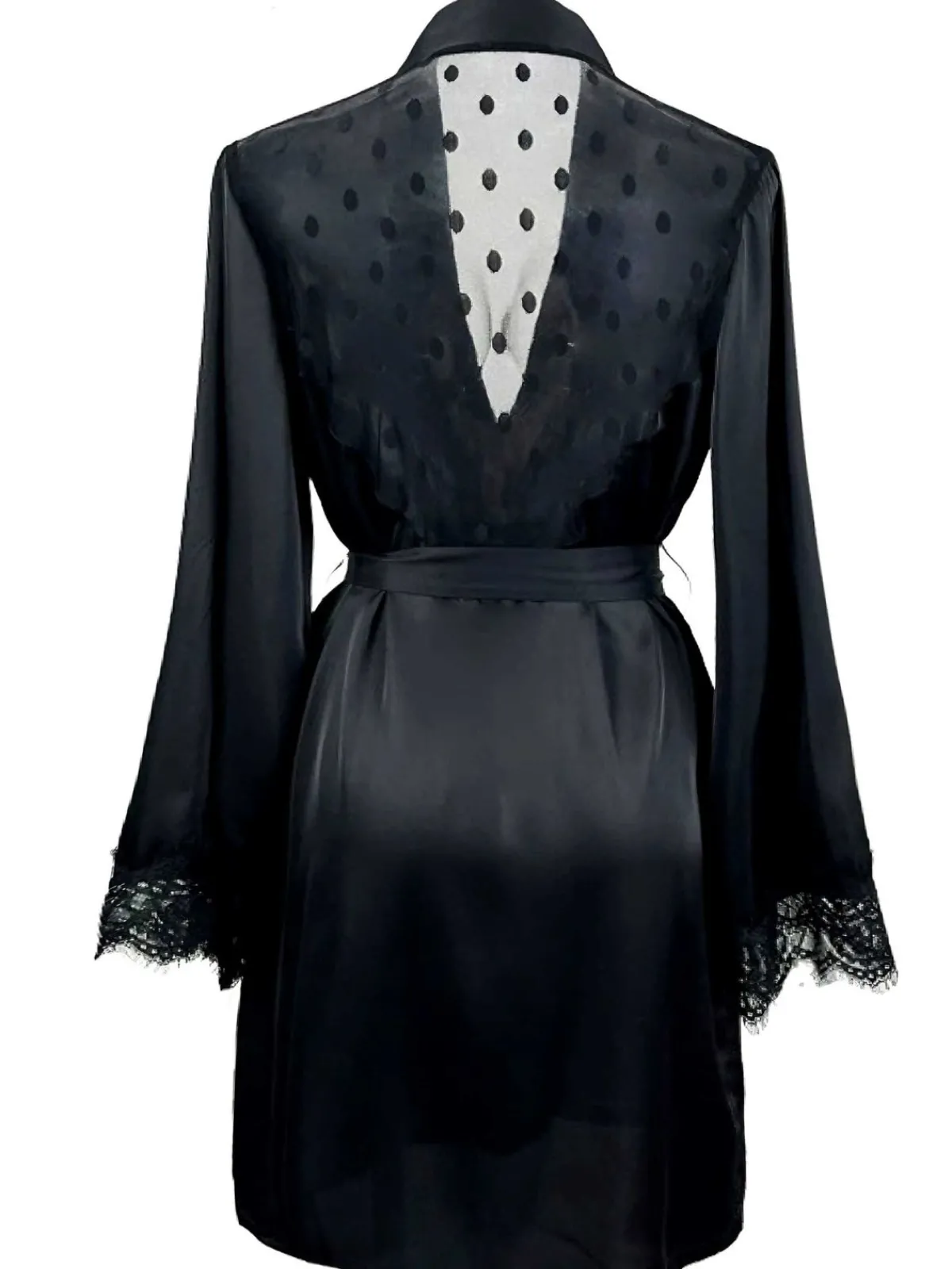 Clearance Retro Stage 1930s Polka Dots Lace Satin Robes Black