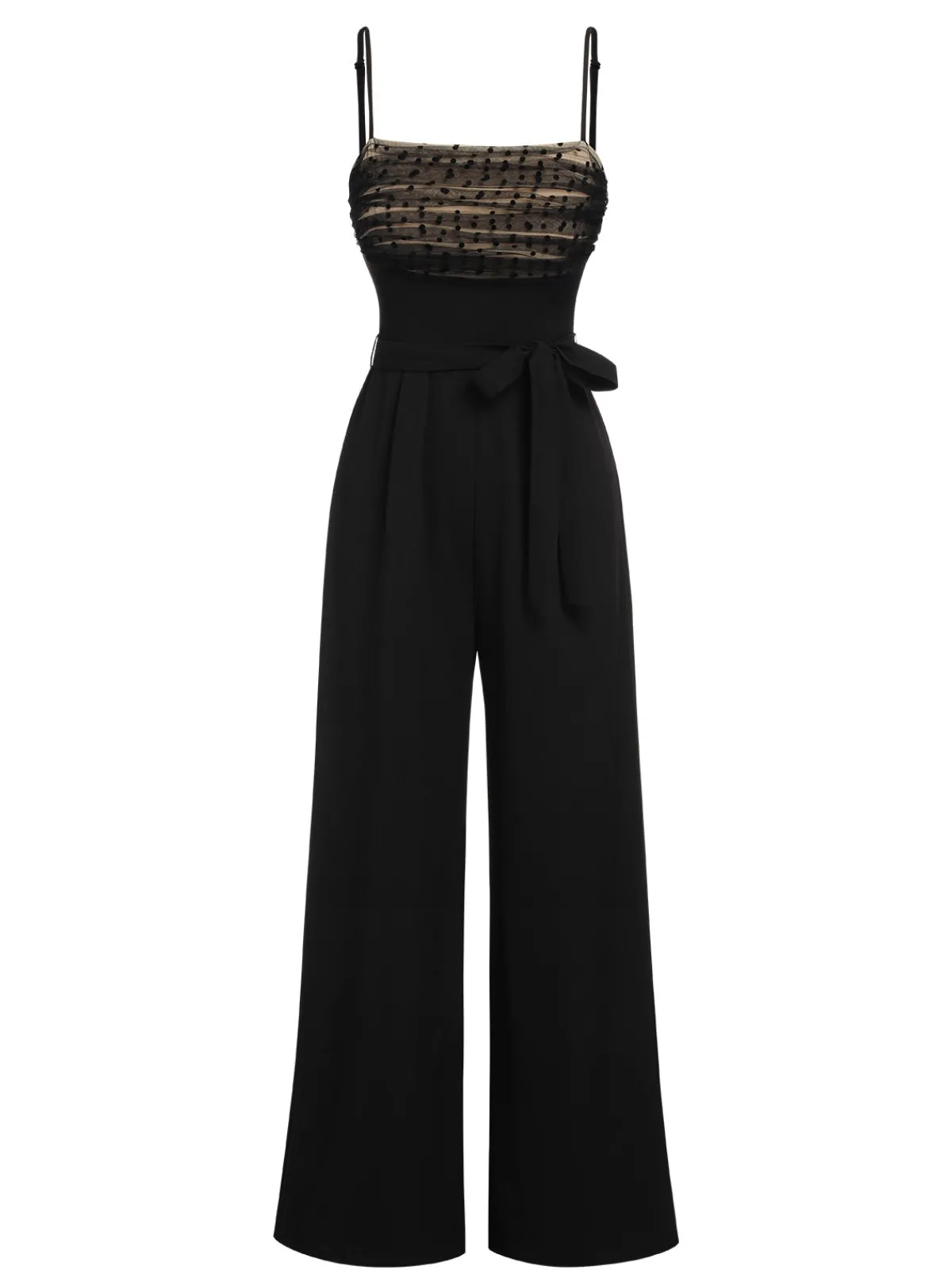 New Retro Stage 1930s Polka Dots Mesh Spaghetti Straps Jumpsuit Black