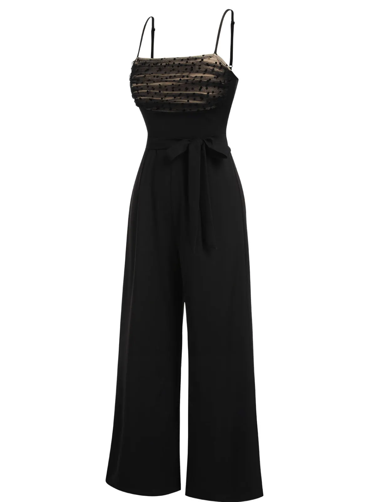 New Retro Stage 1930s Polka Dots Mesh Spaghetti Straps Jumpsuit Black