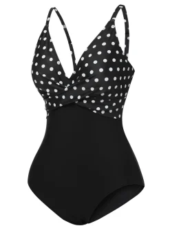 New Retro Stage 1930s Polka Dots One-Piece Swimsuit Black