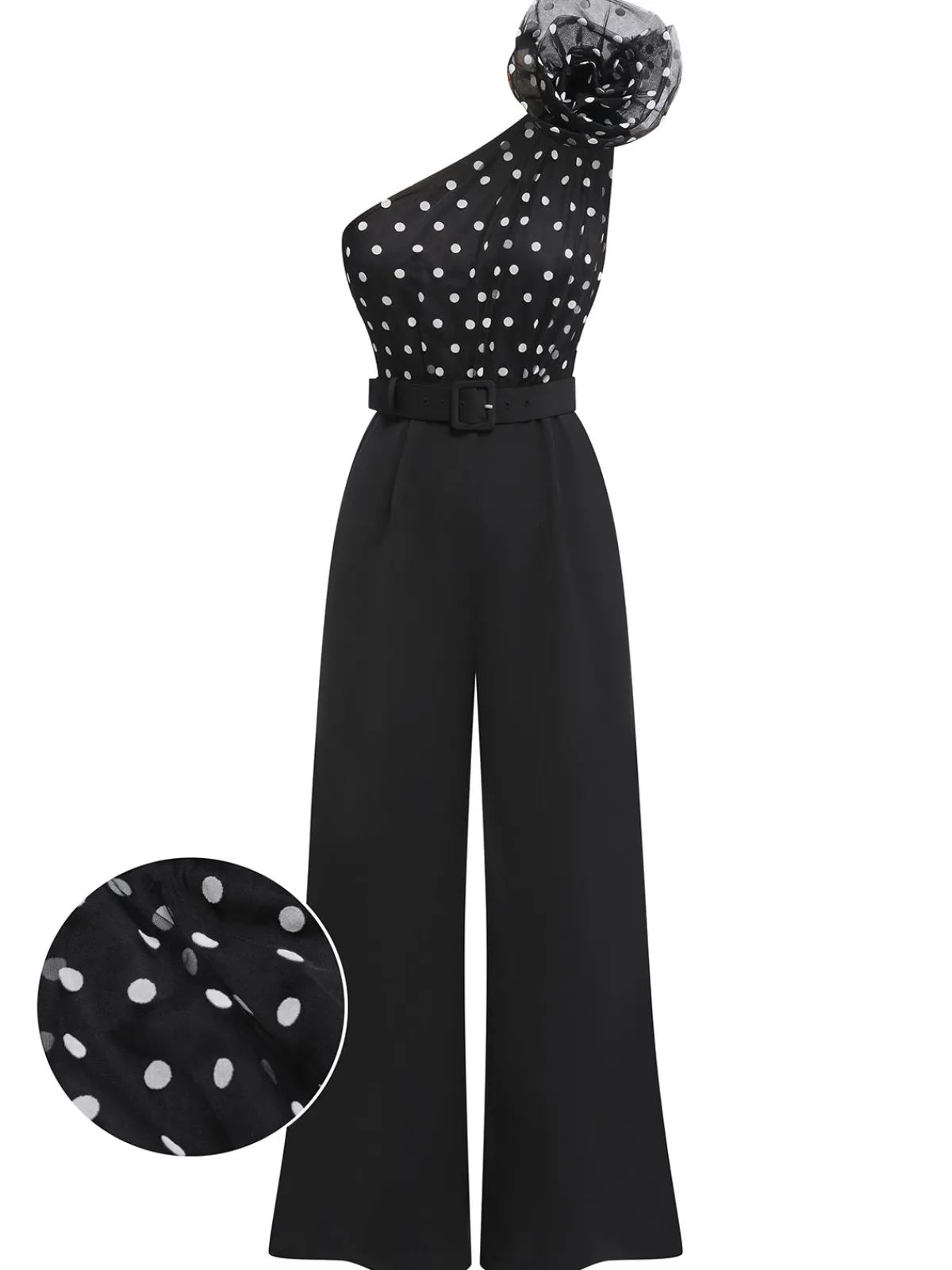 Discount Retro Stage 1930s Polka Dots Patchwork Jumpsuit Black
