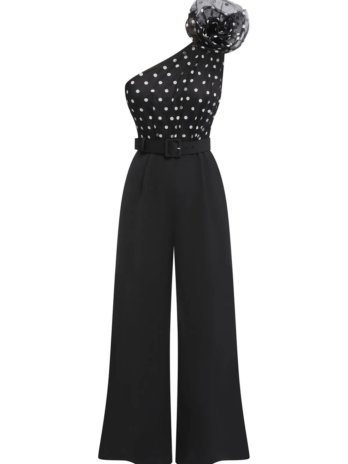 Discount Retro Stage 1930s Polka Dots Patchwork Jumpsuit Black