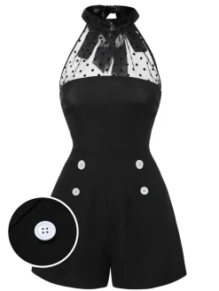 Discount Retro Stage 1950s Polka Dots Sheer Neck Romper Black