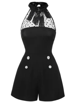 Discount Retro Stage 1950s Polka Dots Sheer Neck Romper Black