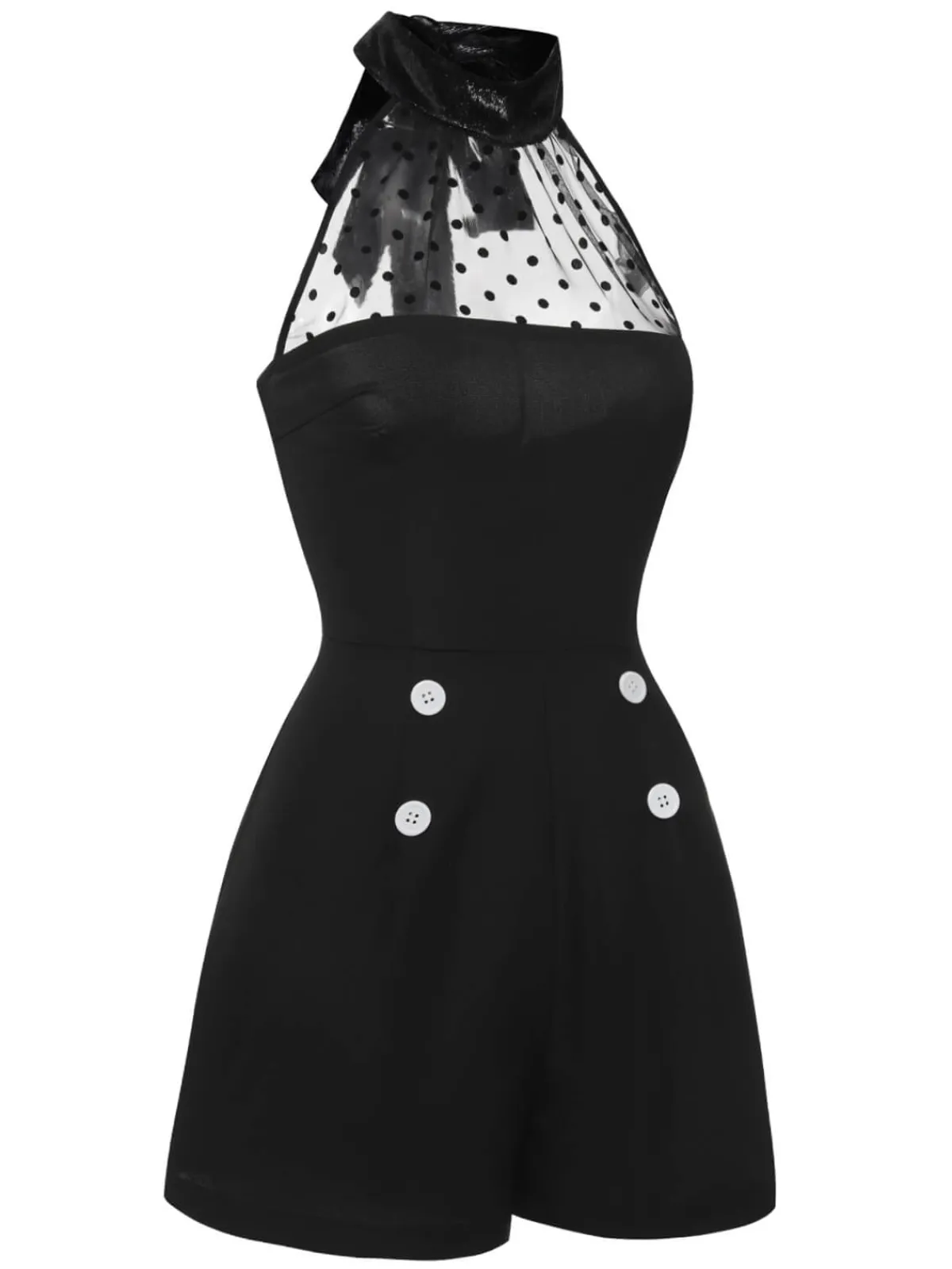 Discount Retro Stage 1950s Polka Dots Sheer Neck Romper Black