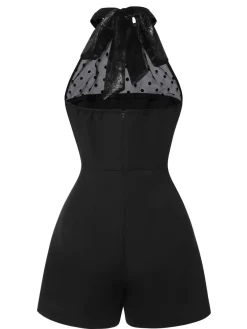 Discount Retro Stage 1950s Polka Dots Sheer Neck Romper Black