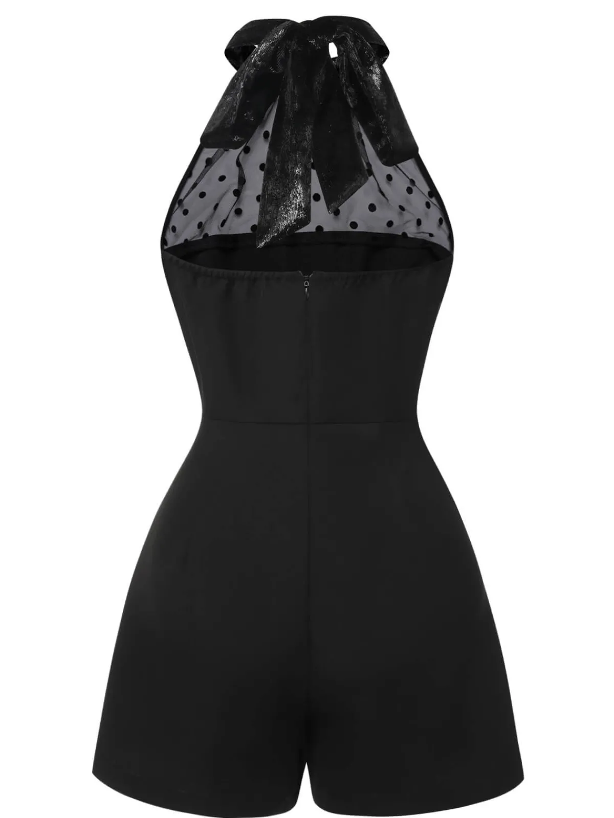 Discount Retro Stage 1950s Polka Dots Sheer Neck Romper Black
